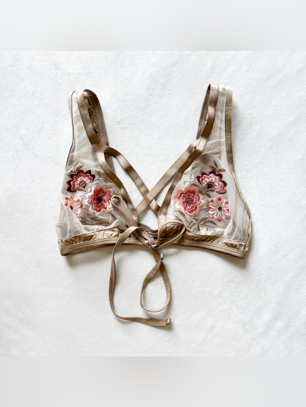 Embroidered Floral Sheer Bralette in Taupe